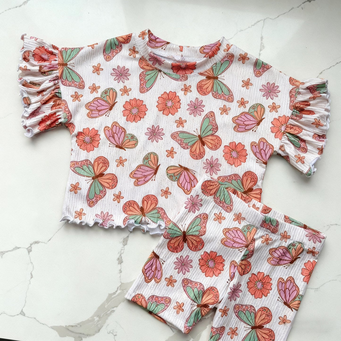 Baby Girls Flowers Butterfly Top Ruffle Shorts Clothes Sets Preorder