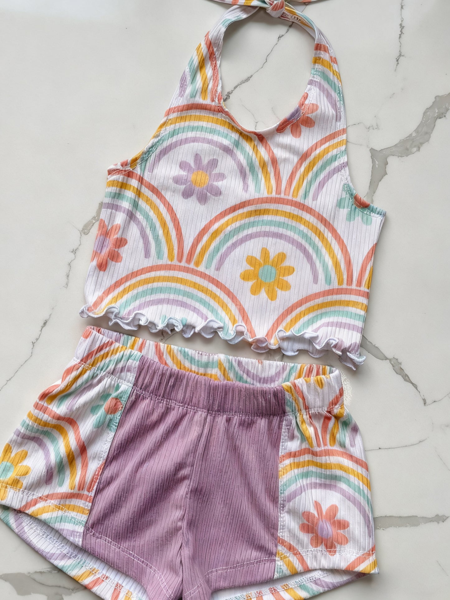 Baby Girls Strap Flowers Rainbows Checked Top Short Clothes Sets Preorder