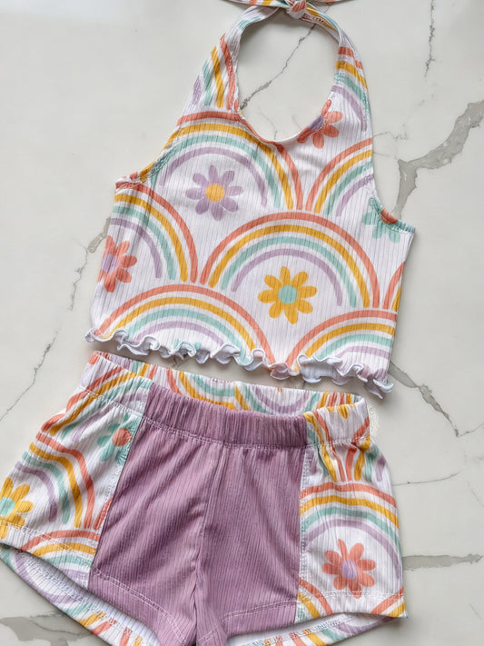 Baby Girls Strap Flowers Rainbows Checked Top Short Clothes Sets Preorder