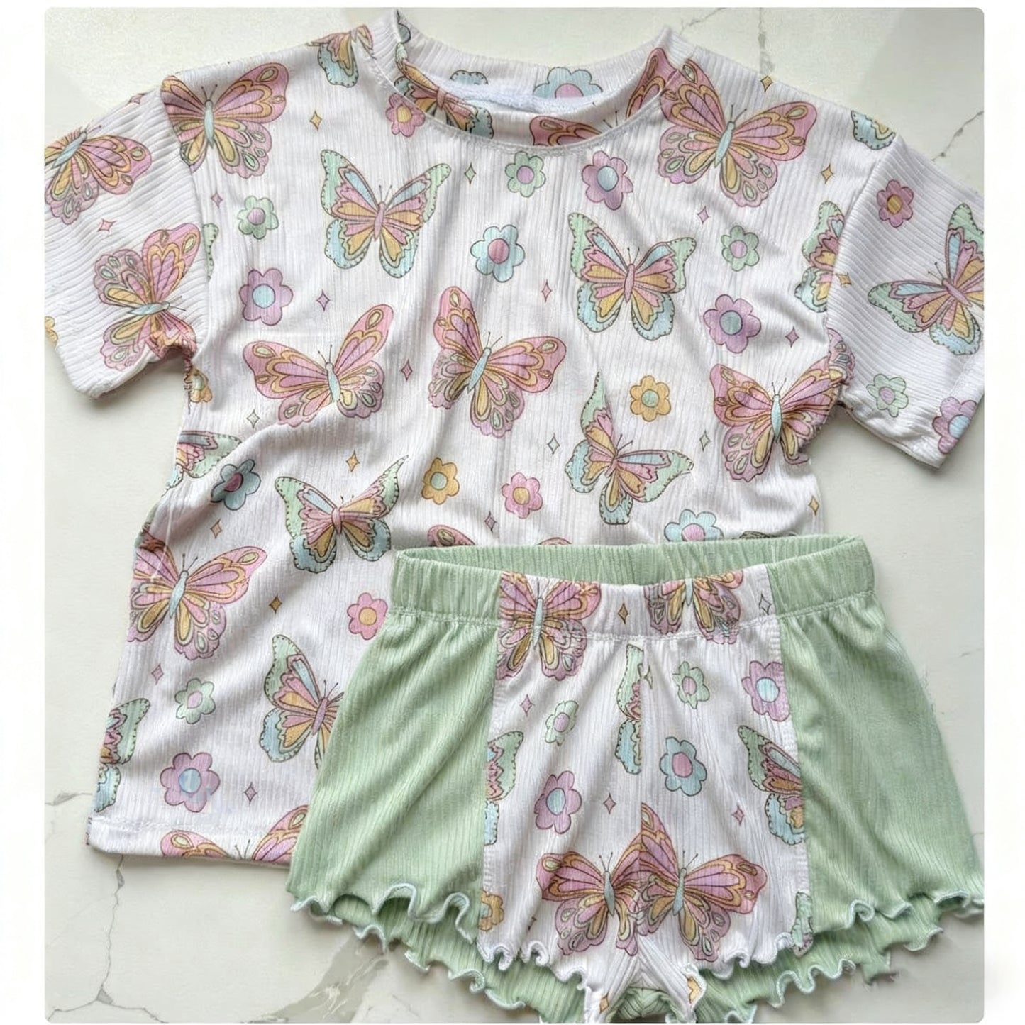 Baby Girls Short Sleeve Flowers Butterfly Top Short Clothes Sets Preorder
