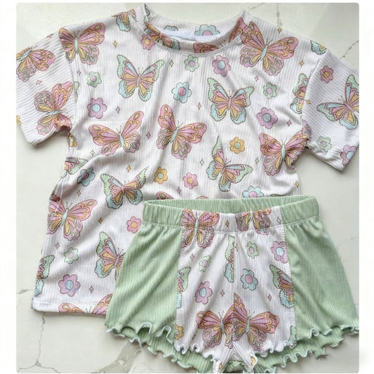 Baby Girls Short Sleeve Flowers Butterfly Top Short Clothes Sets Preorder