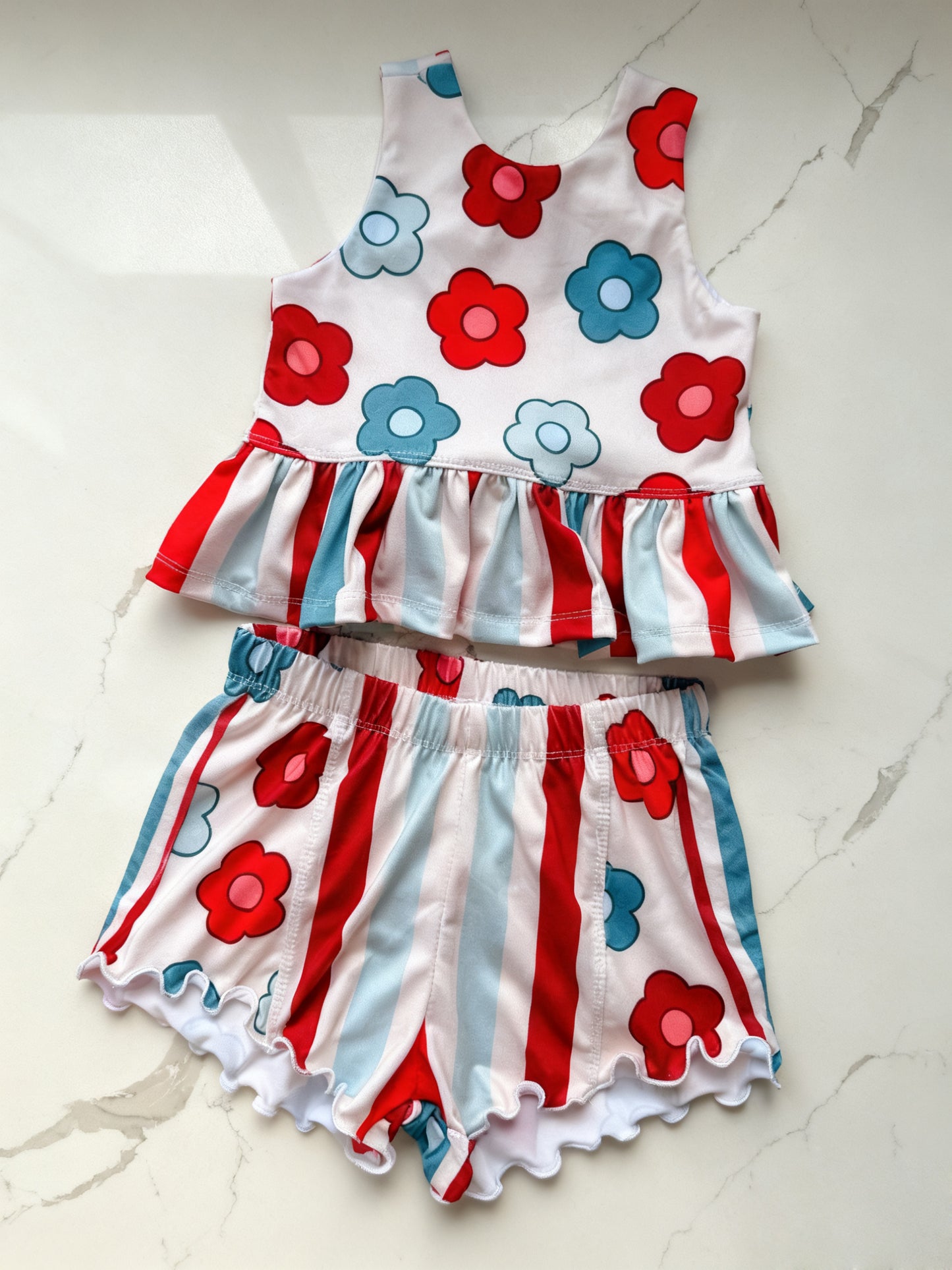 Baby Girls Sleeveless Flowers Stripe Tunic Short Clothes Sets Preorder