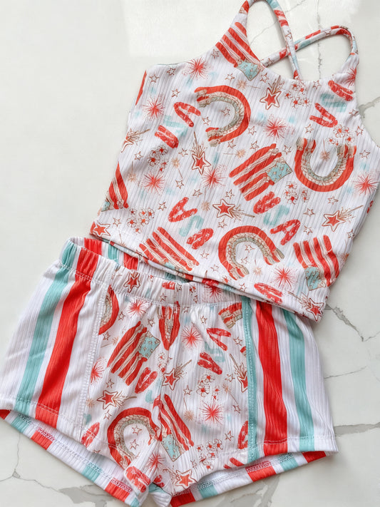 Baby Girls Strap Flags Stars Top Shorts 4th of July Clothes Sets Preorder