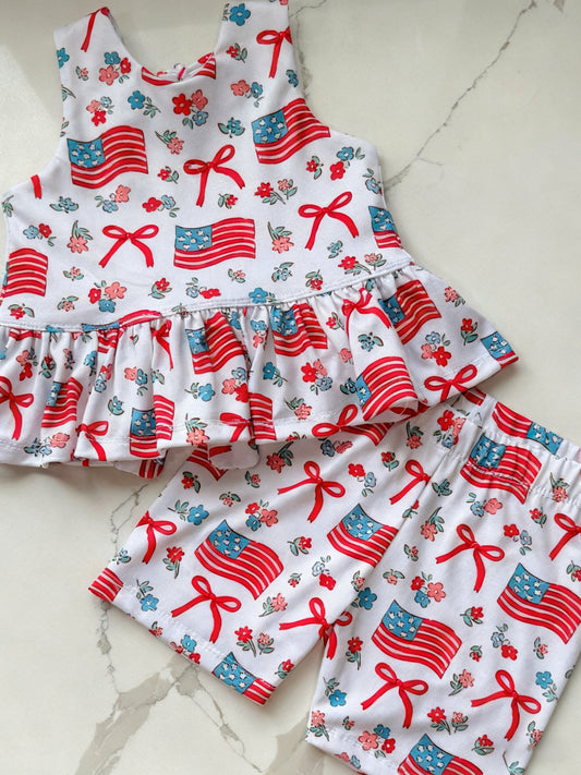 Baby Girls Flowers Flags Bows  Tunic Shorts 4th of July Clothes Sets Preorder