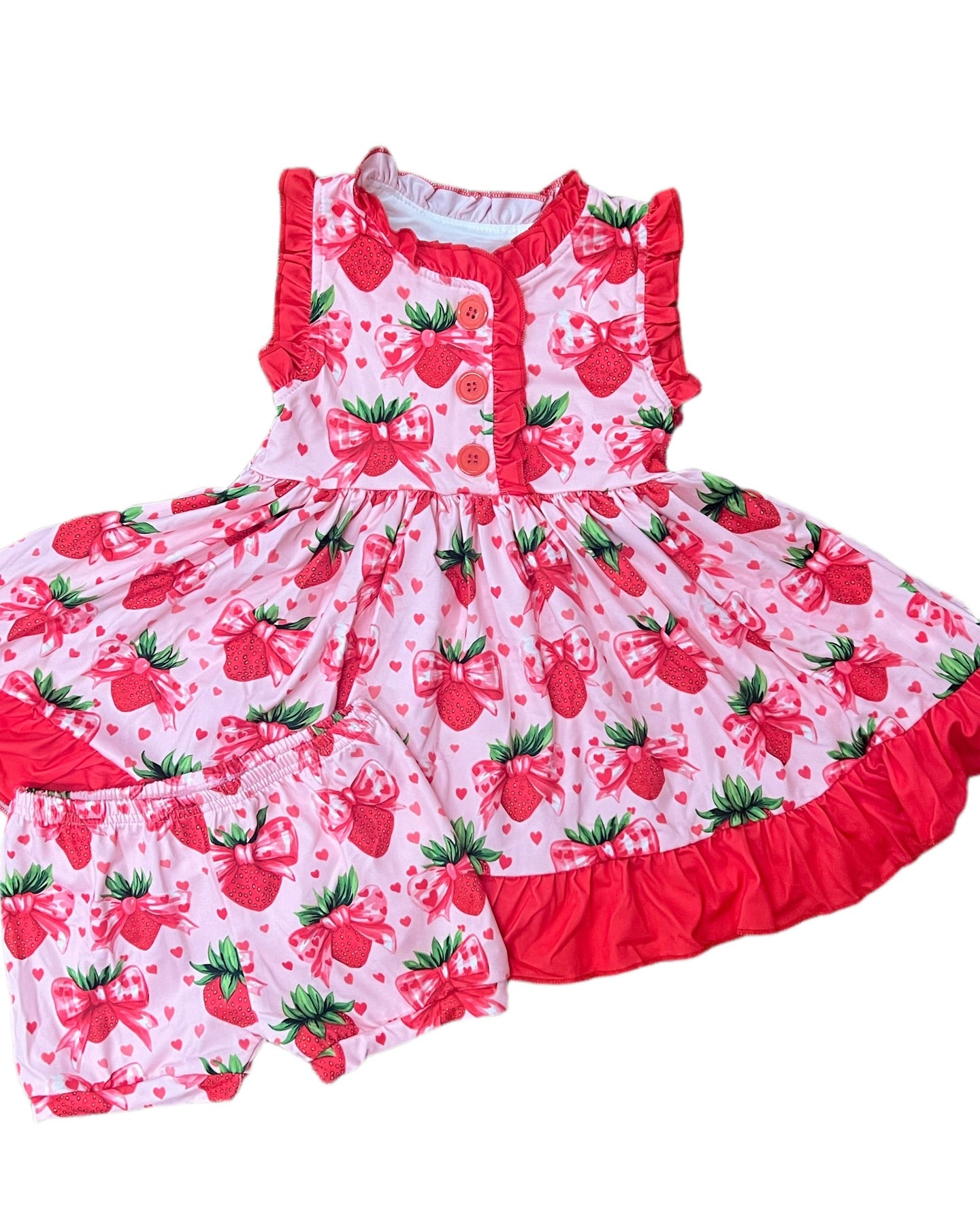Baby Girls Bows Strawberry Button Tunic Ruffle Shorts Clothes Sets Preorder