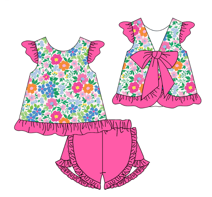 Baby Girls Colorful Floral Back Bows Tunic Ruffle Shorts Clothes Sets Preorder