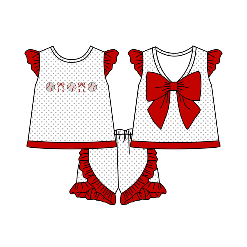 Baby Girls Polka Dots Bows Baseballs Tunic Ruffle Shorts Team Clothes Sets Preorder