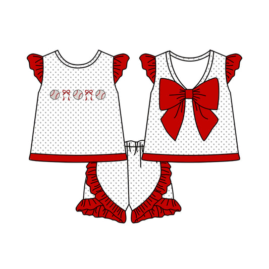 Baby Girls Polka Dots Bows Baseballs Tunic Ruffle Shorts Team Clothes Sets Preorder