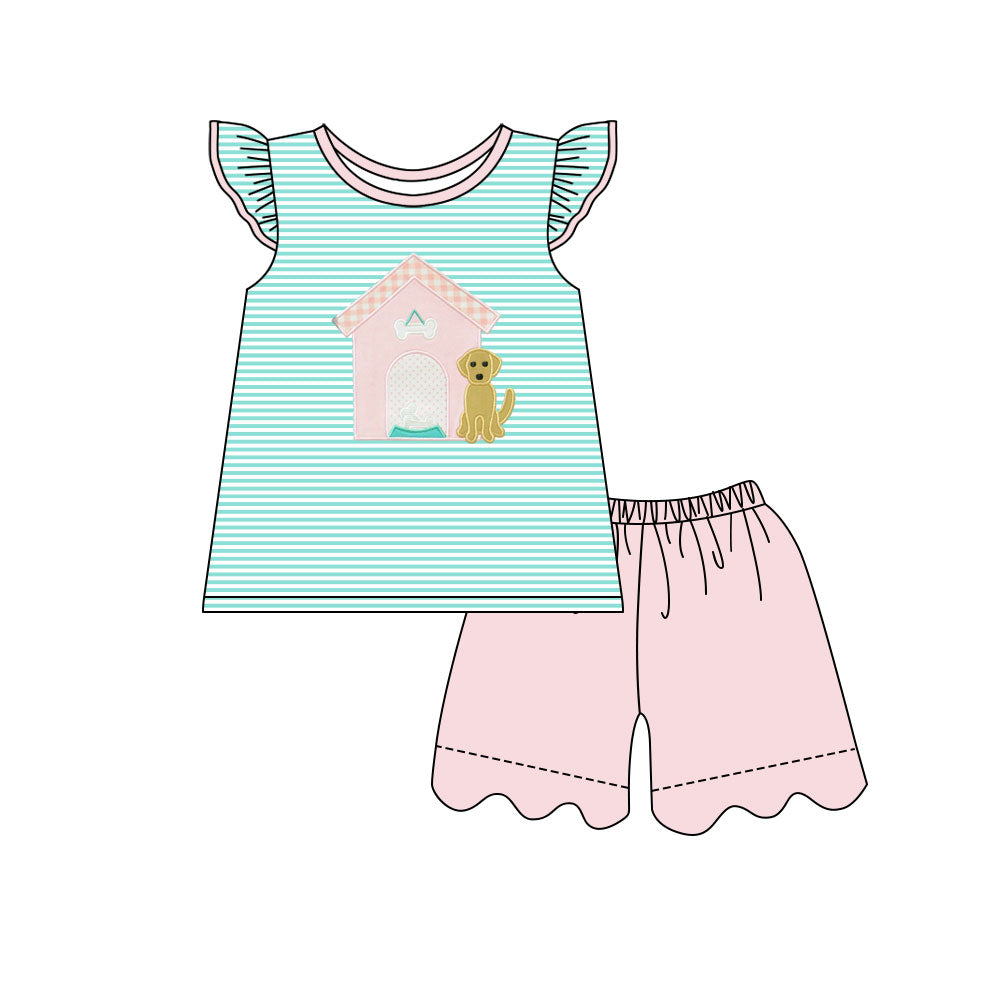 Baby Girls Flutter Sleeve Stripe Dog Houses Tunic Shorts Clothes Sets Preorder