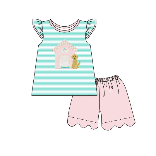 Baby Girls Flutter Sleeve Stripe Dog Houses Tunic Shorts Clothes Sets Preorder