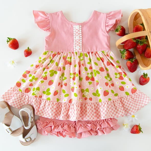 Baby Girls Flowers Strawberry Button Tunic Ruffle Shorts Clothes Sets Preorder