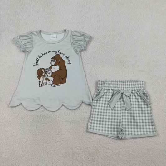 Baby Girls Cartoon Monkeys Scallop Tunic Checked Pockets Shorts Clothes Sets