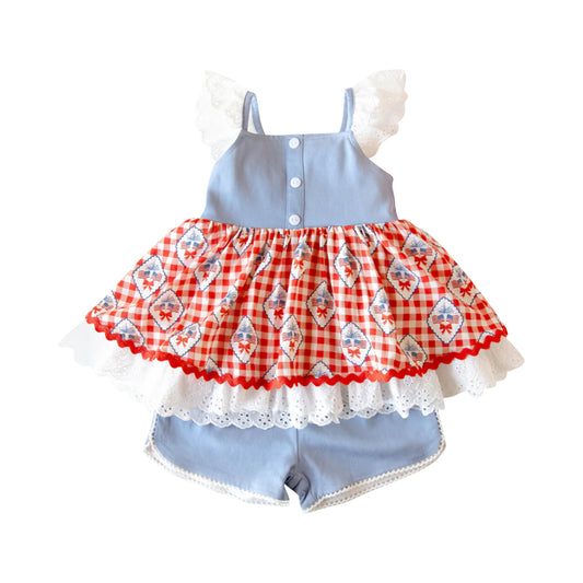 Baby Girls Button Flag Bows Checked Tunic Shorts 4th of July Clothes Sets Preorder