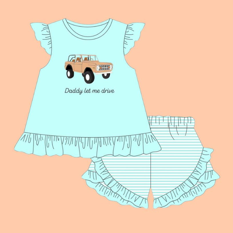 Baby Girls Daddy Let Me Drive Tunic Stripe Ruffle Shorts Clothes Sets Preorder