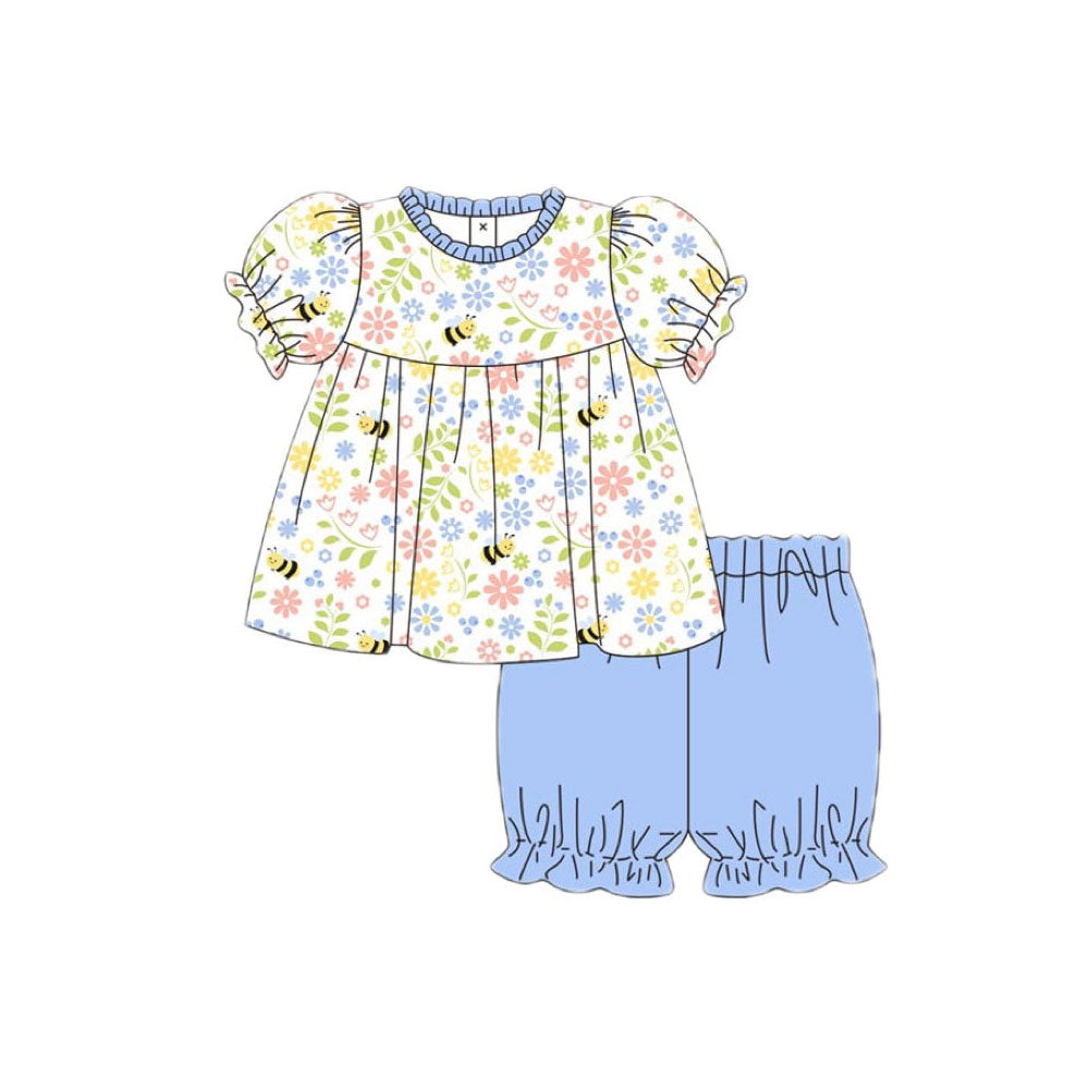 Baby Girls Short Sleeve Floral Bee Tunic Ruffle Shorts Clothes Sets Preorder