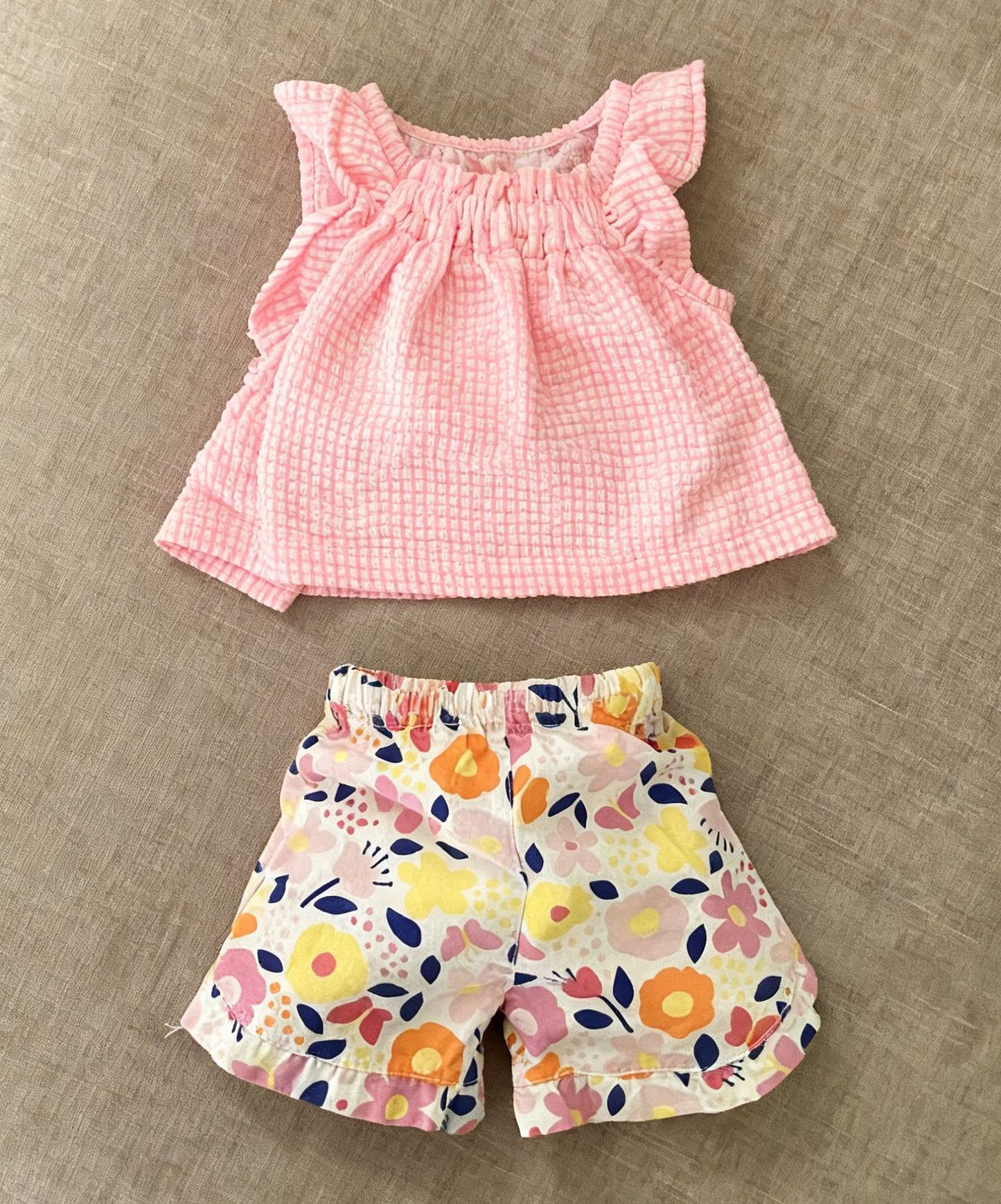 Baby Girls Pink Checked Flutter Sleeve Tunic Flowers Shorts Clothes Sets Preorder