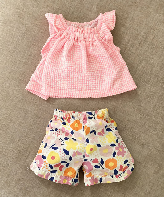 Baby Girls Pink Checked Flutter Sleeve Tunic Flowers Shorts Clothes Sets Preorder