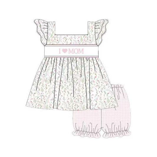 Baby Girls Pink I Love Mom Floral Tunic Checked Ruffle Shorts Clothes Sets Preorder