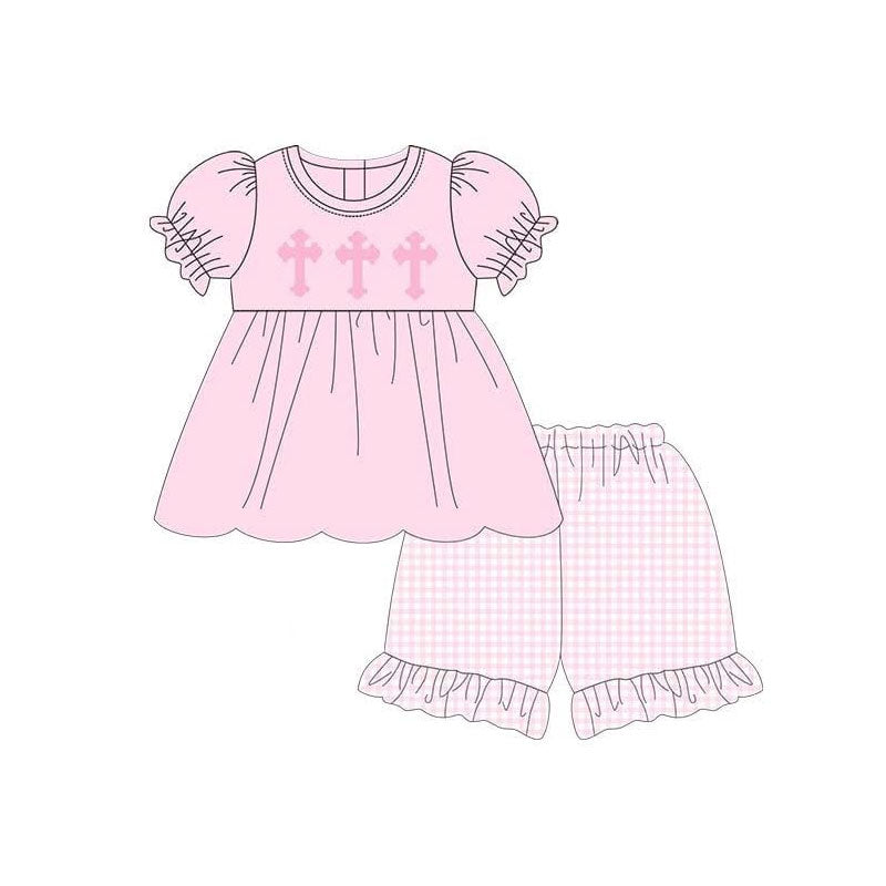 Baby Girls Crosses Tunic Checked Ruffle Shorts Easter Clothes Sets Preorder