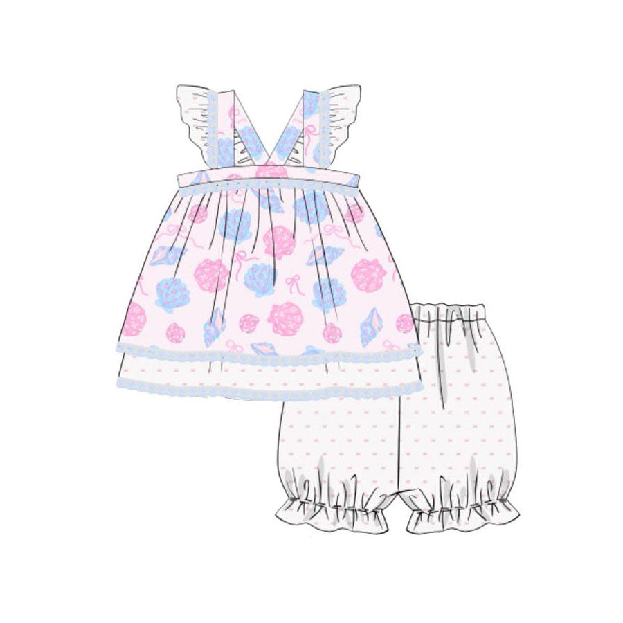 Baby Girls Shell Bows Tunic Polka Dots Ruffle Shorts Clothes Sets Preorder
