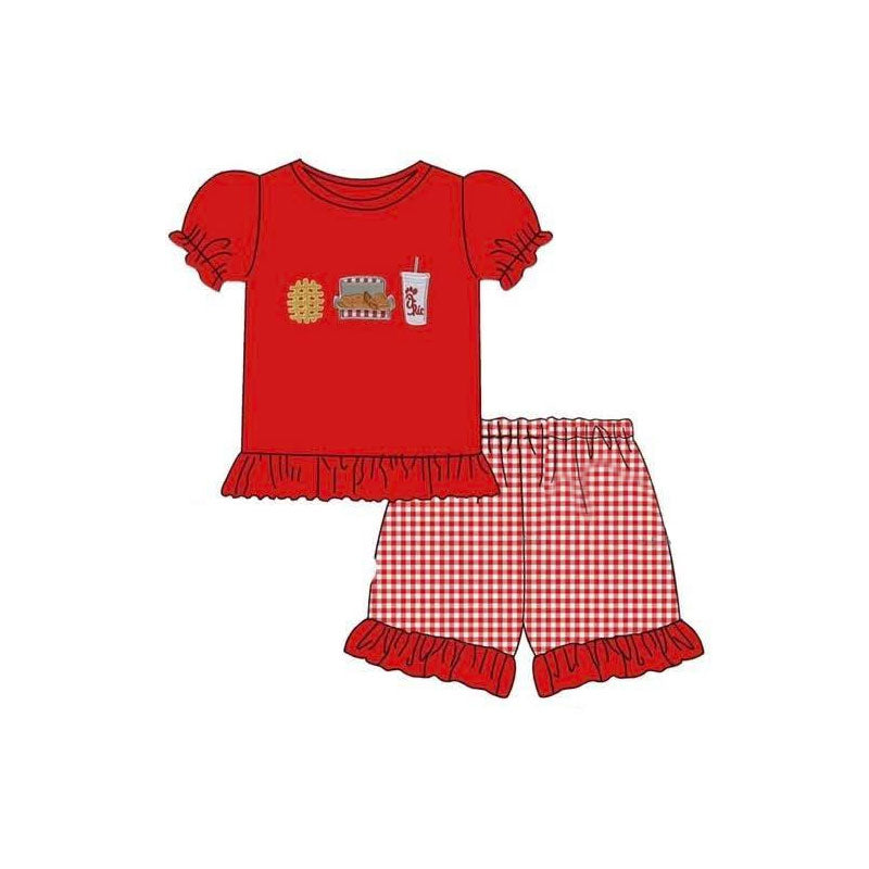 Baby Girls Chicken Drink Top Red Checked Ruffle Shorts Clothes Sets Preorder
