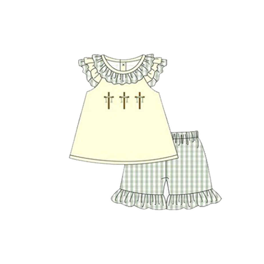 Baby Girls Crosses Collar Tunic Checked Ruffle Shorts Easter Clothes Sets Preorder