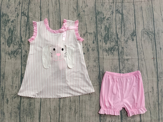 Embroidery Rabbits Baby Girls Back Bows Stripe Tunic Ruffle Shorts Easter Sets Preorder