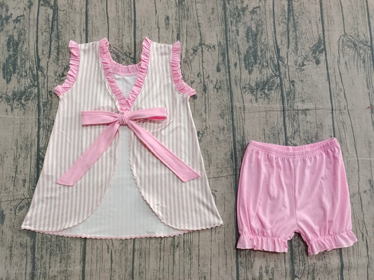 Embroidery Rabbits Baby Girls Back Bows Stripe Tunic Ruffle Shorts Easter Sets Preorder