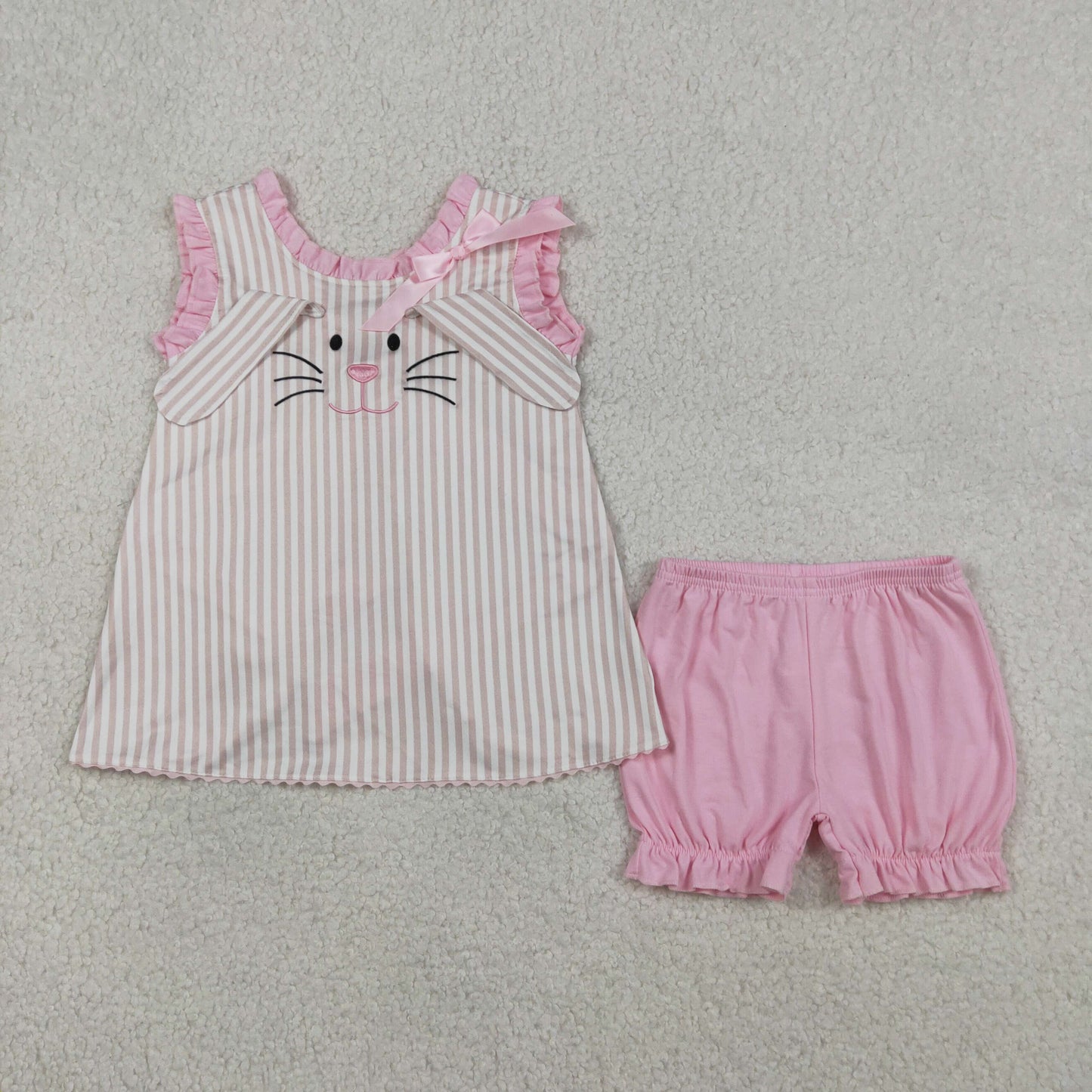 Embroidery Rabbits Baby Girls Back Bows Stripe Tunic Ruffle Shorts Easter Sets