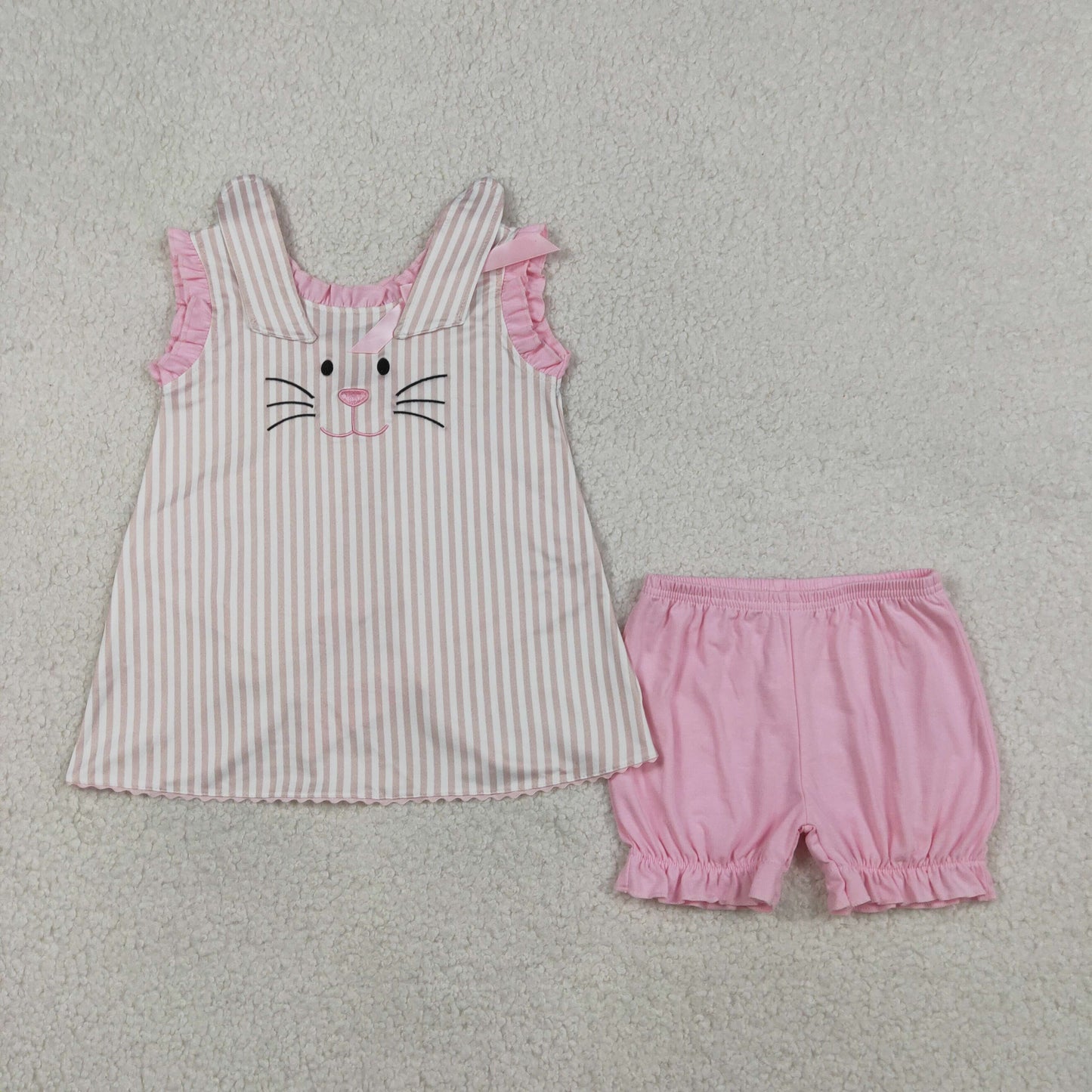 Embroidery Rabbits Baby Girls Back Bows Stripe Tunic Ruffle Shorts Easter Sets