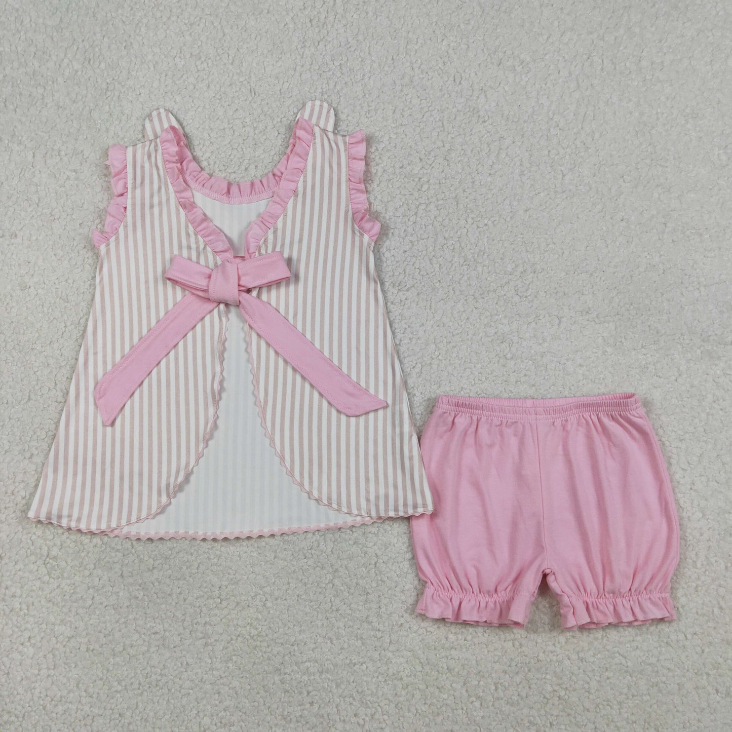 Embroidery Rabbits Baby Girls Back Bows Stripe Tunic Ruffle Shorts Easter Sets