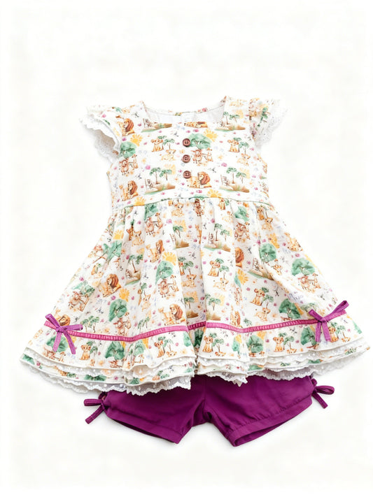 Baby Girls Cartoon Lions Animals Button Button Ruffle Tunic Shorts Clothes Sets Preorder