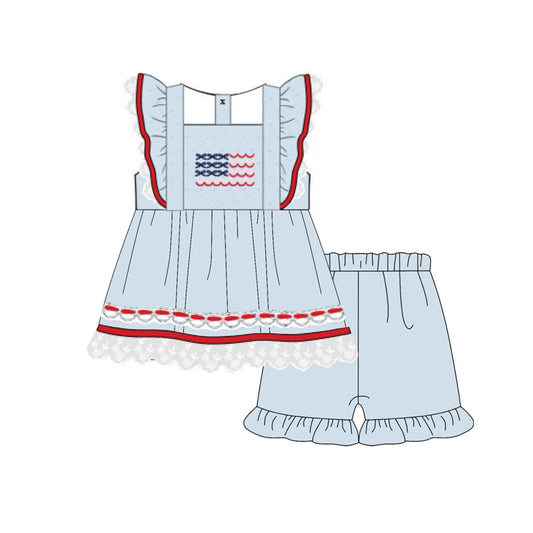 Baby Girls Blue Flutter Sleeve Flags Tunic Ruffle Shorts 4th of July Clothes Sets Preorder