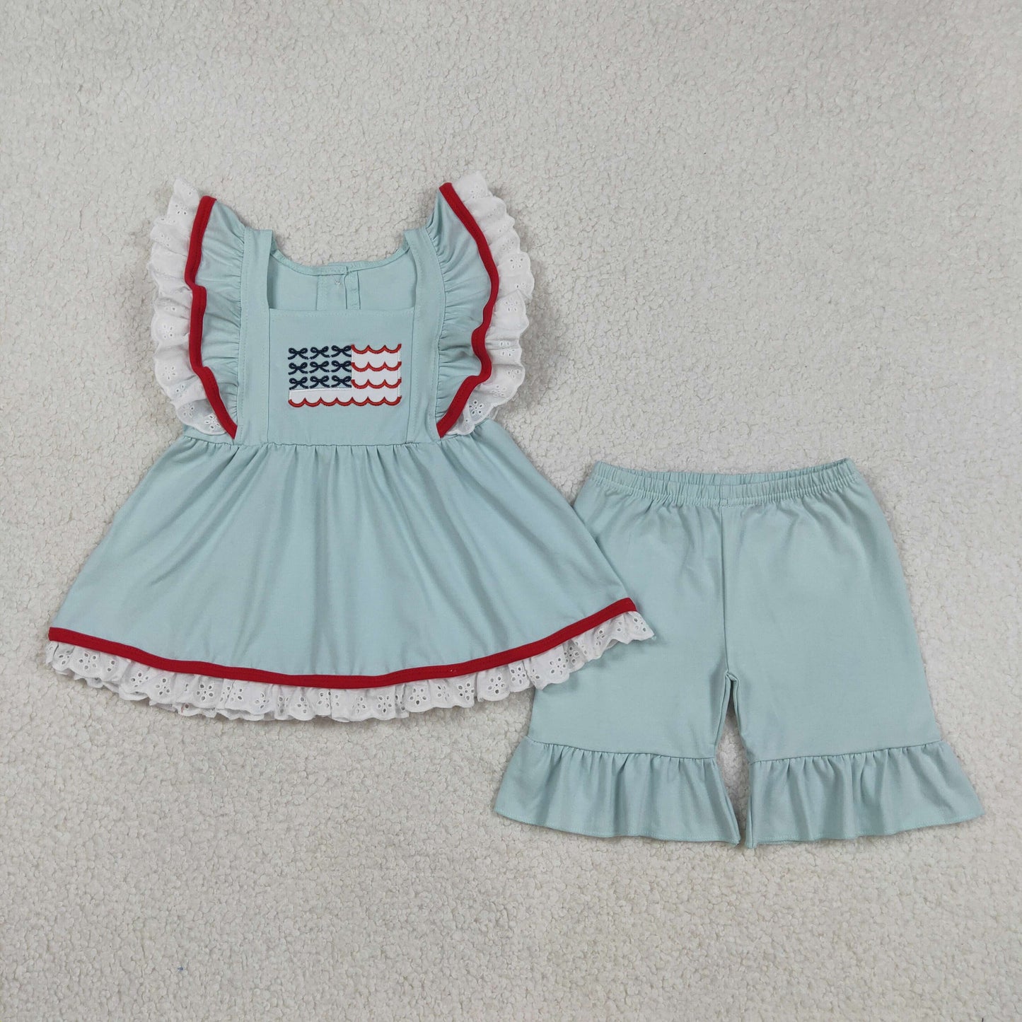 Embroidery Flags Baby Girls Flutter Sleeve Tunic Ruffle Shorts 4th of July Clothes Sets