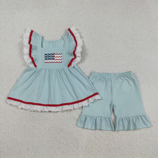 Embroidery Flags Baby Girls Flutter Sleeve Tunic Ruffle Shorts 4th of July Clothes Sets
