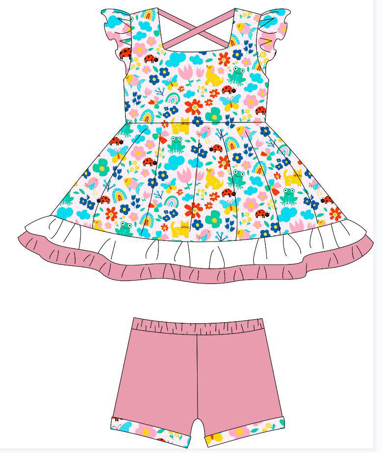 Baby Girls Flutter Sleeve Flowers Frogs Ruffle Tunic Shorts Clothes Sets Preorder