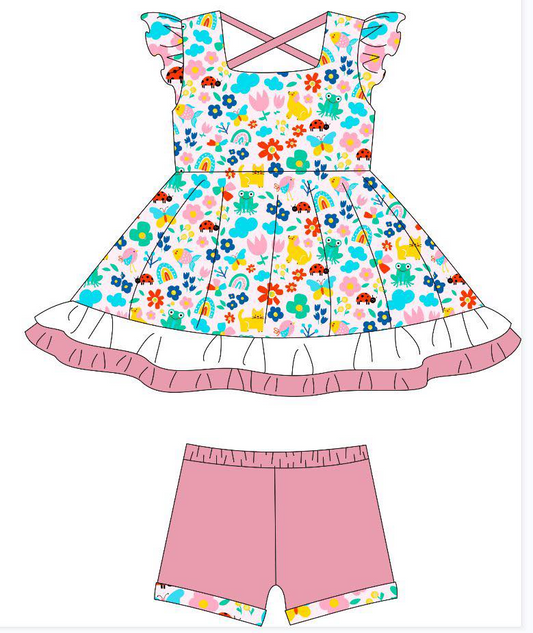 Baby Girls Flutter Sleeve Flowers Frogs Ruffle Tunic Shorts Clothes Sets Preorder