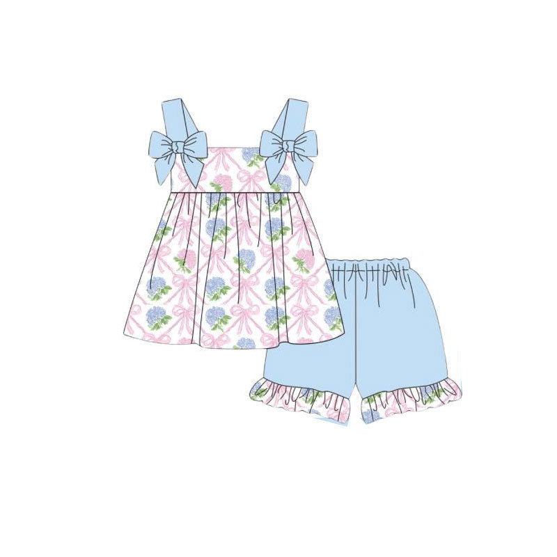 Baby Girls Blue Strap Flowers Bows Checked Tunic Ruffle Shorts Clothes Sets Preorder