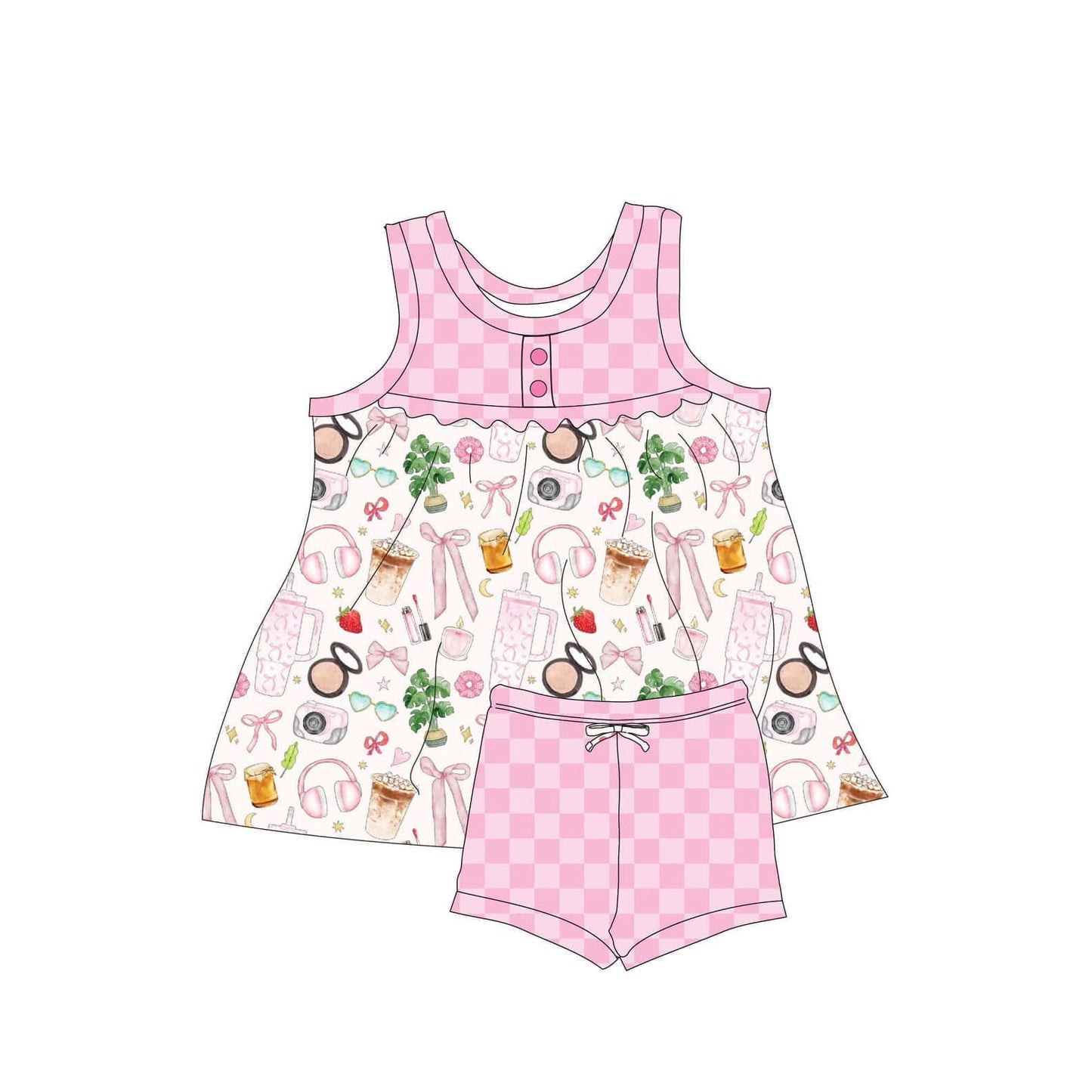 Baby Girls Pink Checked Coffee Bows Button Tunic Shorts Clothes Sets Preorder