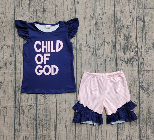 Baby Girls Flutter Sleeve Child of God Top Ruffle Shorts Clothes Sets