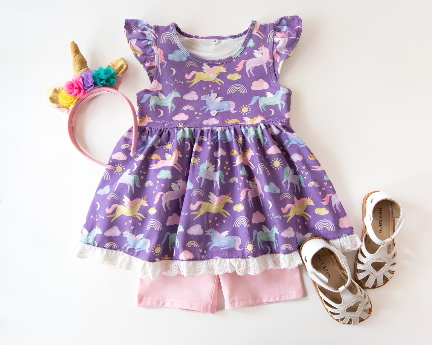 Baby Girls Cartoon Horses Button Ruffle Tunic Shorts Clothes Sets Preorder