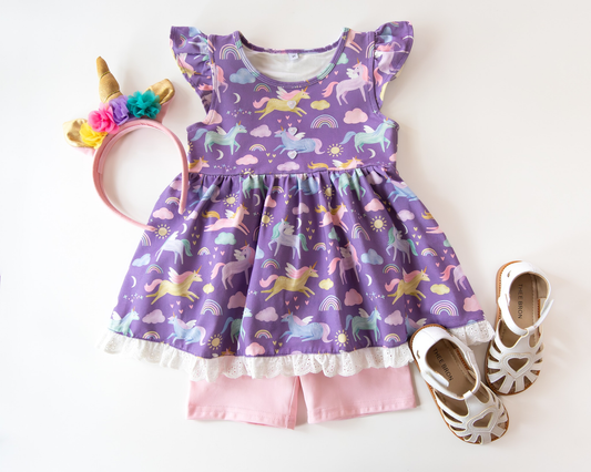 Baby Girls Cartoon Horses Button Ruffle Tunic Shorts Clothes Sets Preorder