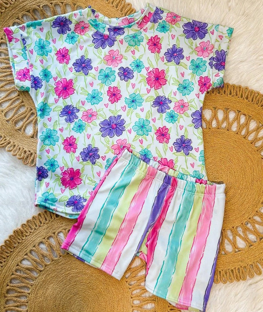 Baby Girls Colorful Flowers Hearts Top Stripe Short Valentines Clothes Sets Preorder