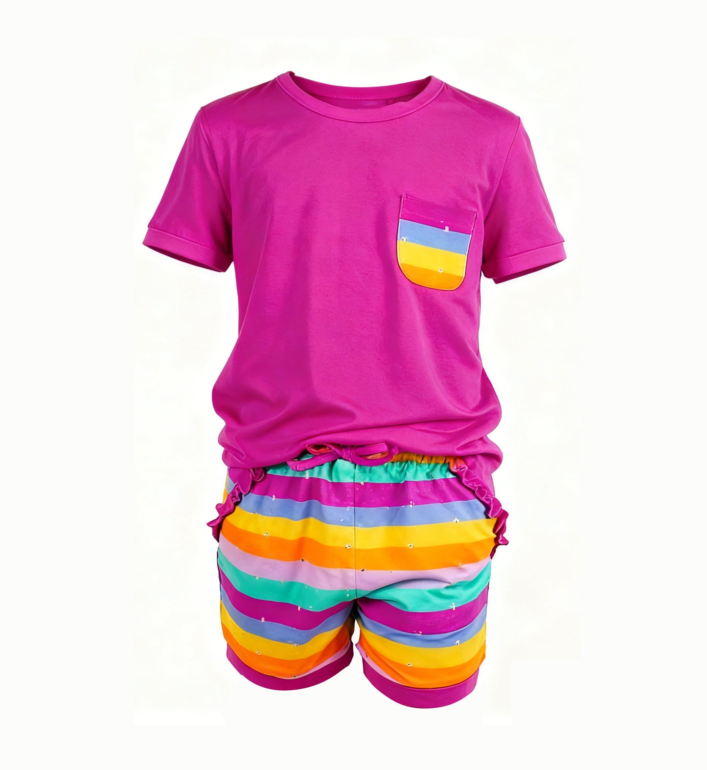 Baby Girls Hot Pink Top Colorful Stripe Pockets Shorts Valentines Clothes Sets Preorder