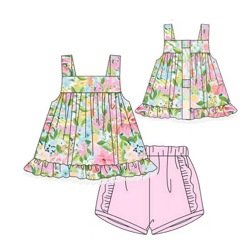 Baby Girls Strap Floral Ruffle Tunic Shorts Clothes Sets Preorder
