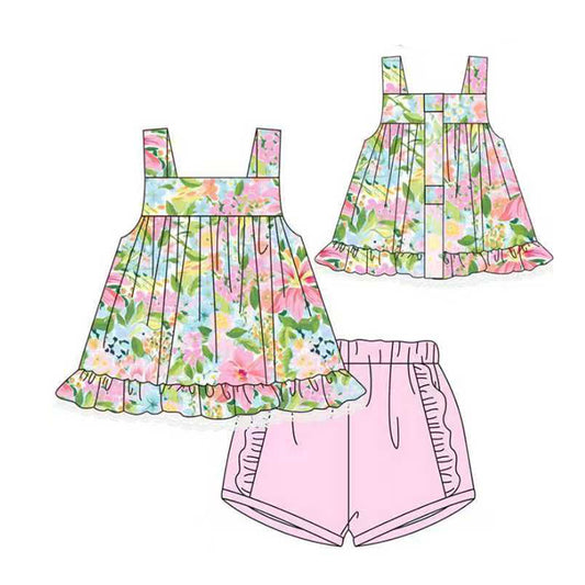 Baby Girls Strap Floral Ruffle Tunic Shorts Clothes Sets Preorder