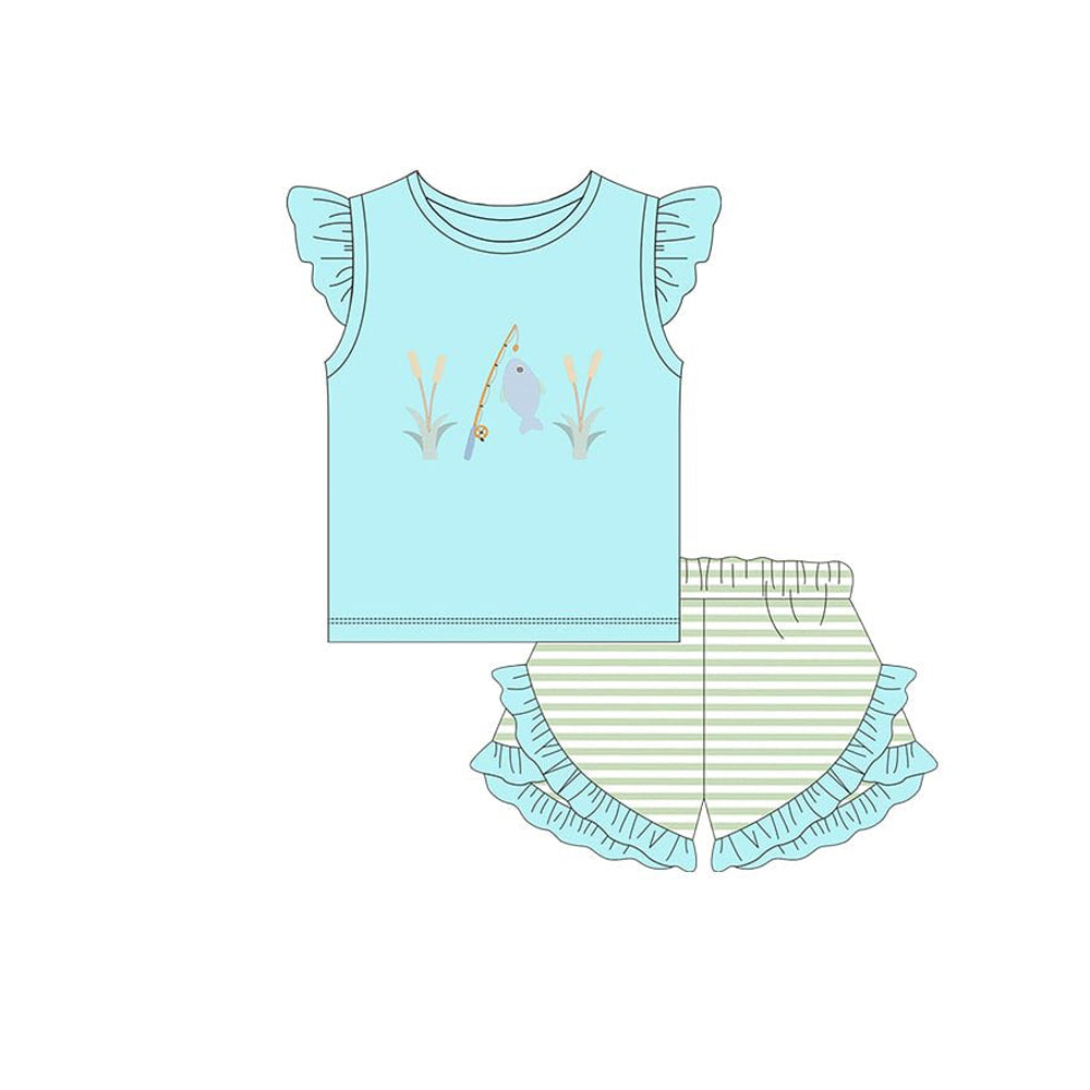 Baby Girls Flutter Sleeve Fishing Top Ruffle Shorts Hunting Clothes Sets Preorder