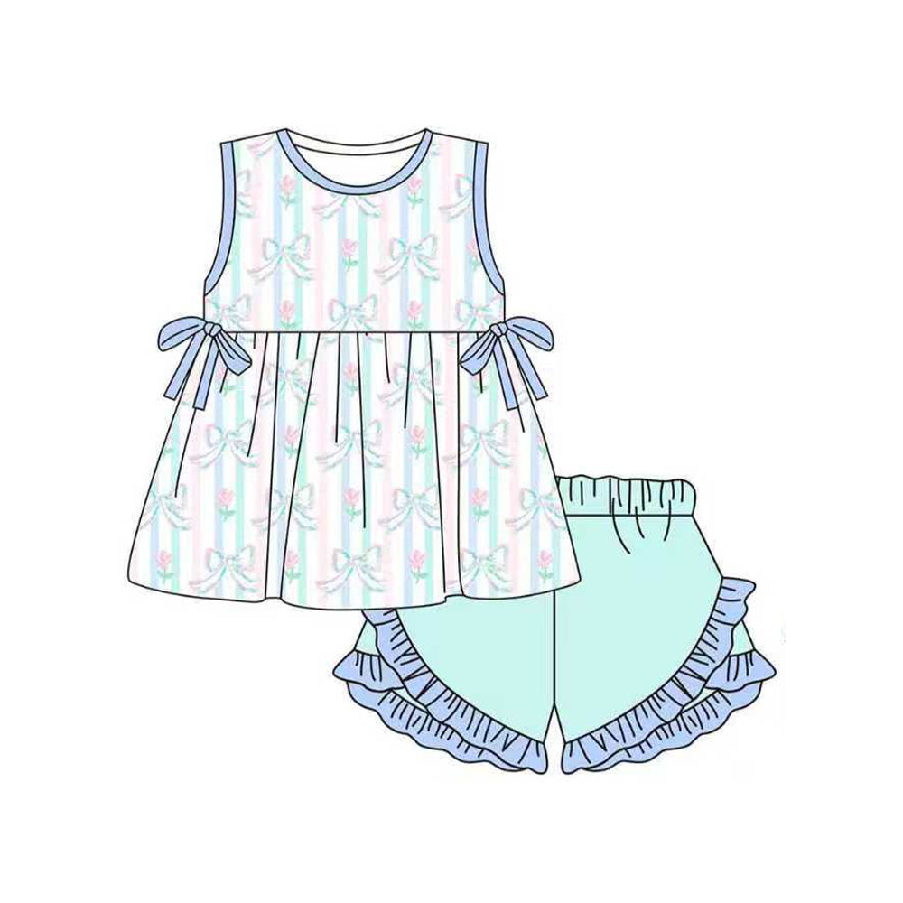 Baby Girls Bows Flowers Stripe Tunic Ruffle Shorts Clothes Sets Preorder