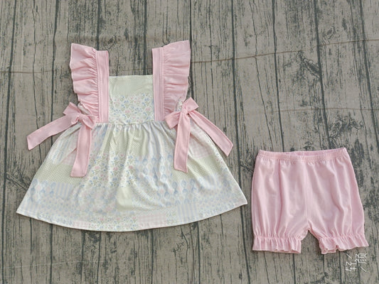 Baby Girls Bows Flowers Checked Tunic Ruffle Shorts Clothes Sets