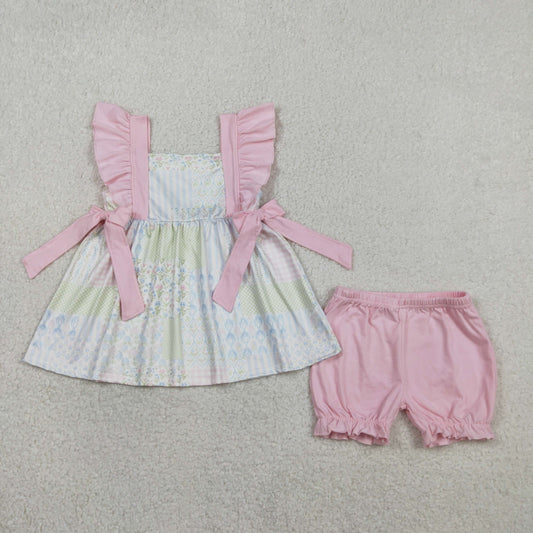 Baby Girls Bows Flowers Checked Tunic Ruffle Shorts Clothes Sets